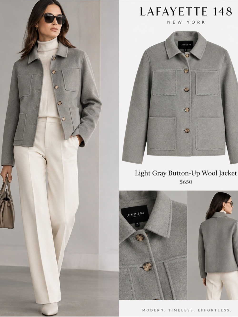 Lafayette 148 New York Light Gray Button-Up Wool Jacket